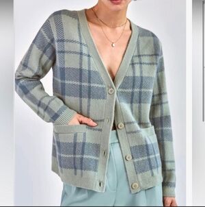 WILFRED Bethany Cardigan Green Blue Plaid Wool Cashmere Blend XXS Aritzia